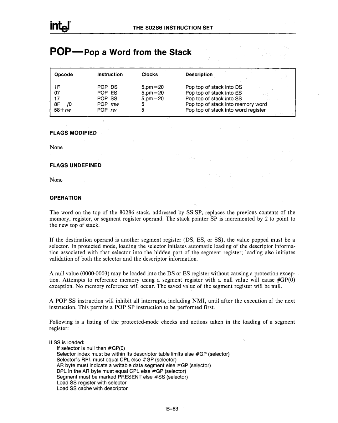 Intel 80286, 80287 manual Pop Ss 