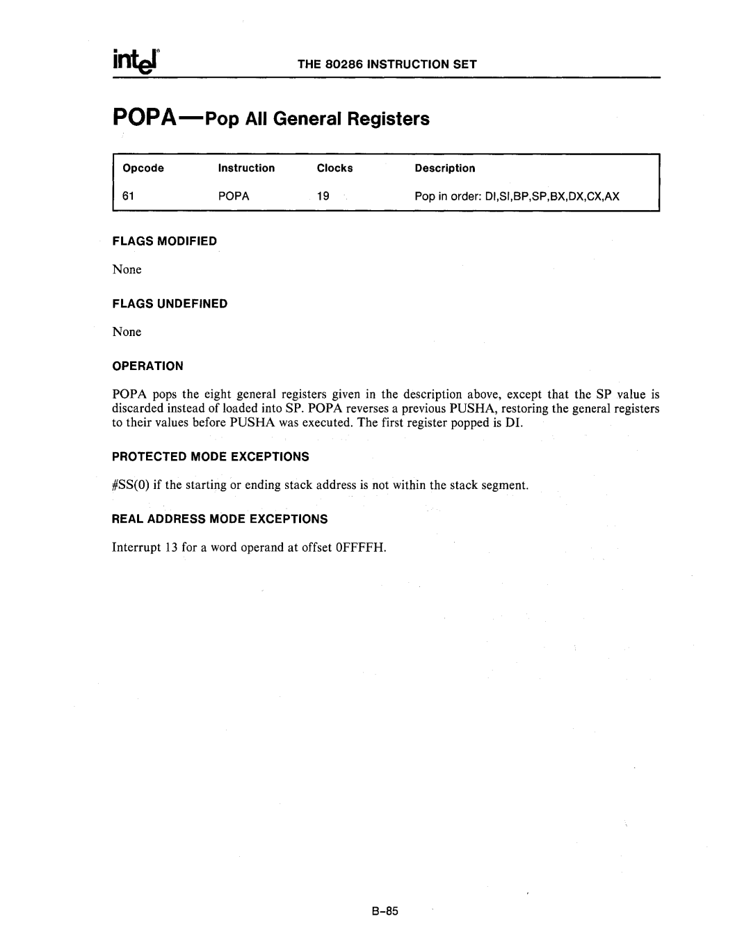 Intel 80286, 80287 manual FlAGS Undefined, Popa 