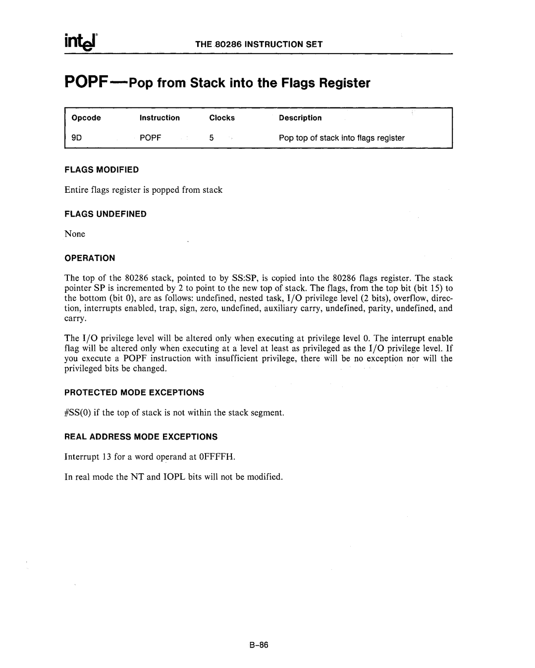 Intel 80287, 80286 manual POPF-Pop from Stack into the Flags Register, Popf 