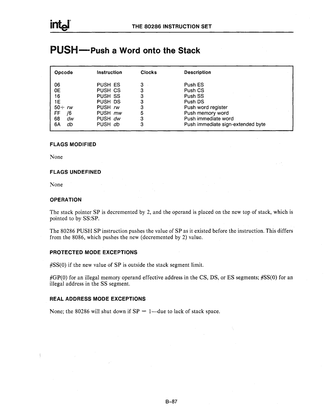 Intel 80286, 80287 manual PUSH-Push a Word onto the Stack, Push CS, Push SS, Push DS 