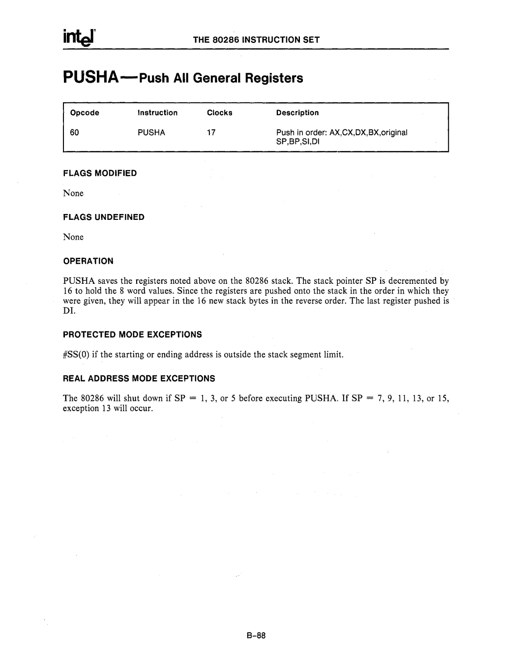 Intel 80287, 80286 manual PUSHA-Push All General Registers 