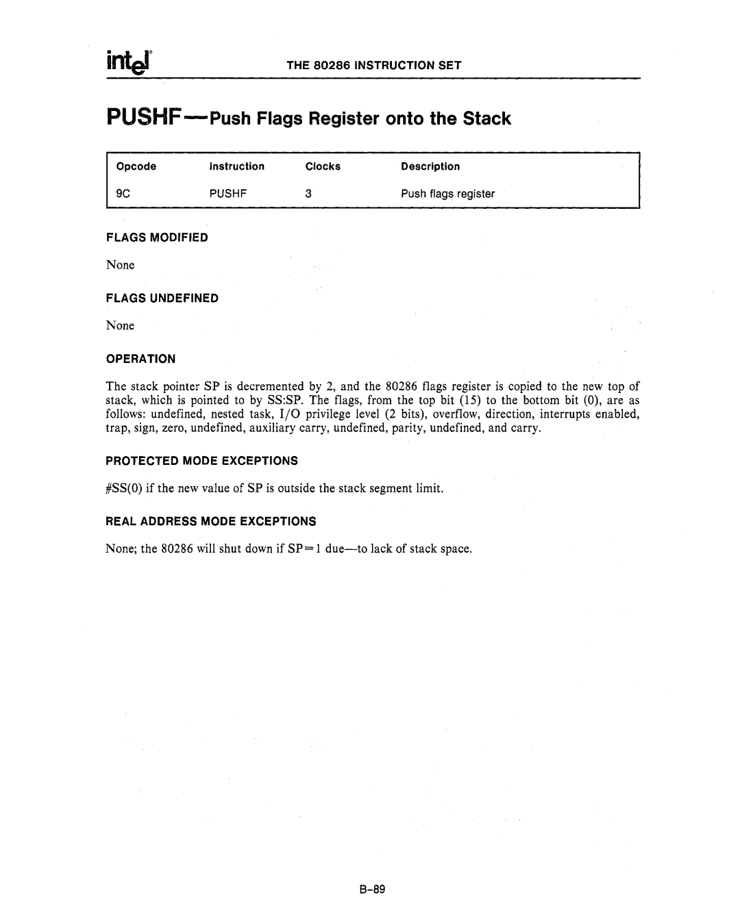 Intel 80286, 80287 manual PUSHF-Push Flags Register onto the Stack, Push flag~ register, Pushf 