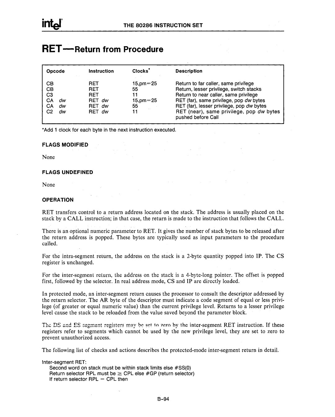 Intel 80287, 80286 manual RET -Return from Procedure 