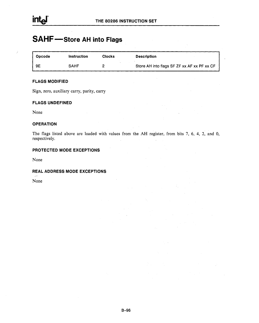 Intel 80287, 80286 manual Sahf -Store AH into Flags 