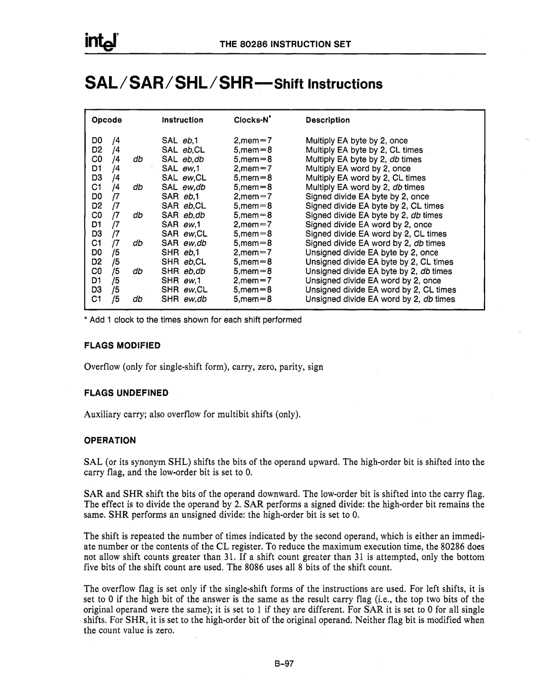 Intel 80286, 80287 manual Sal, Sar, Shr 