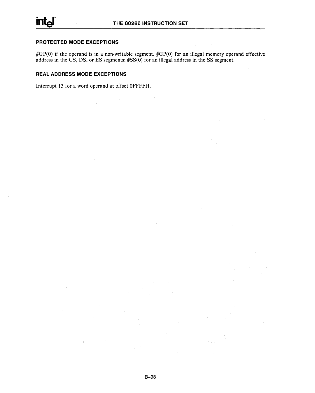 Intel 80287, 80286 manual Interrupt 13 for a word operand at offset Offffh 