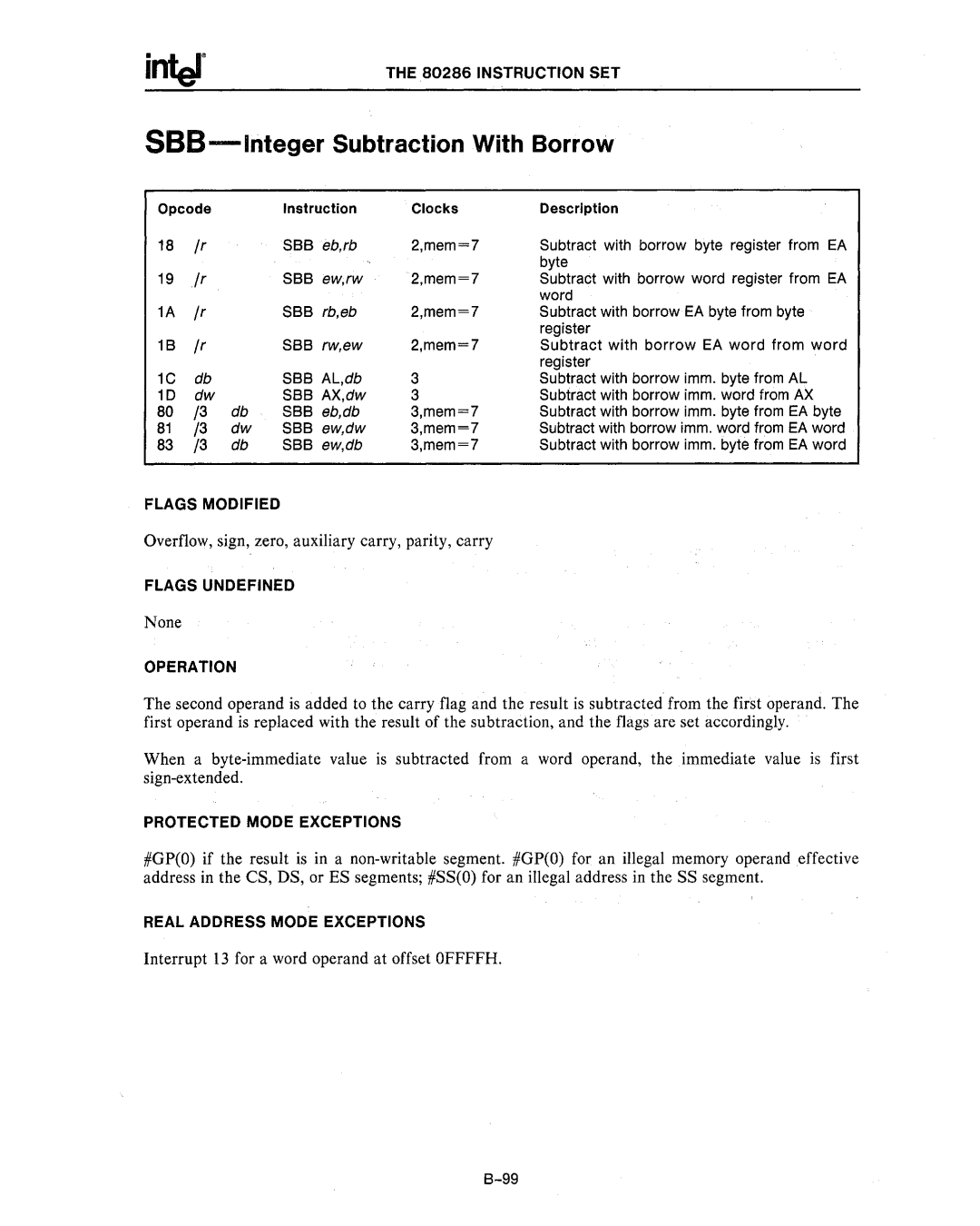 Intel 80286, 80287 manual SBB-Integer Subtraction With Borrow, Sbb 