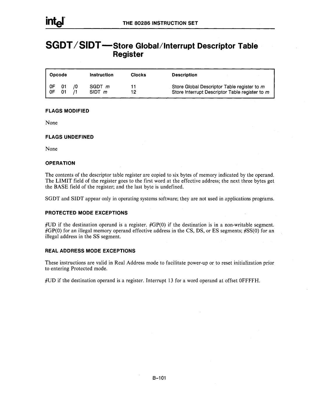 Intel 80286, 80287 manual Sgdt /SIDT-Store Global/Interrupt Descriptor Table Register, 101 