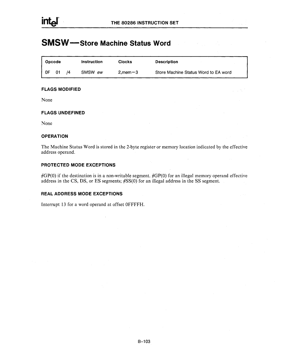 Intel 80286, 80287 manual Smsw -Store Machine Status Word, 103 