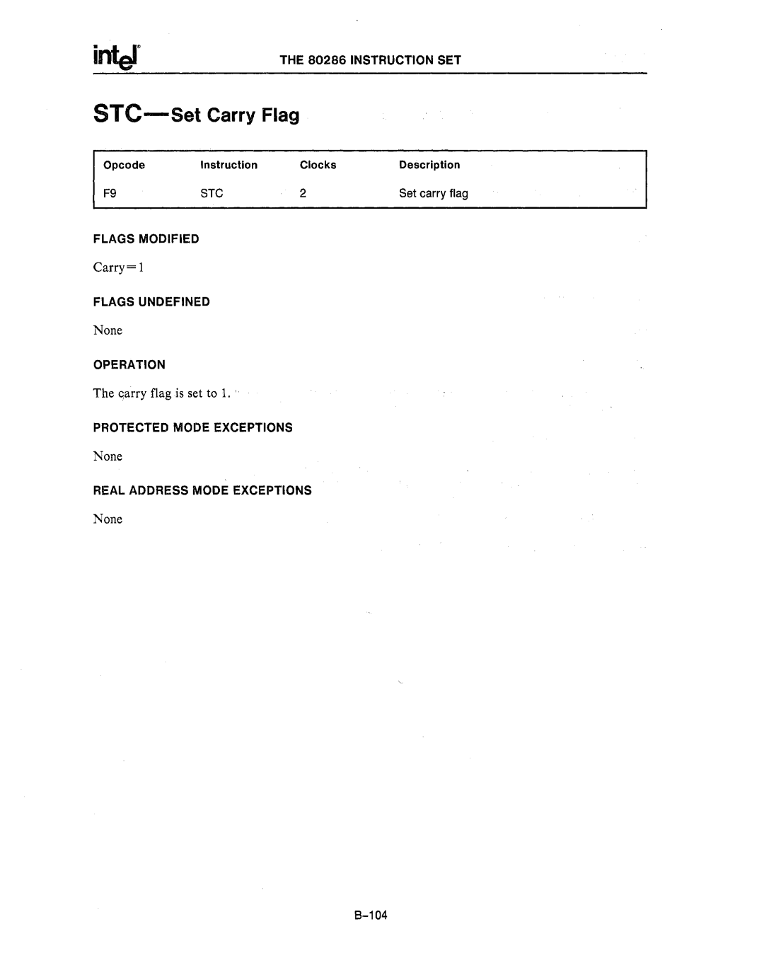 Intel 80287, 80286 manual STe-SetCarry Flag, 104 