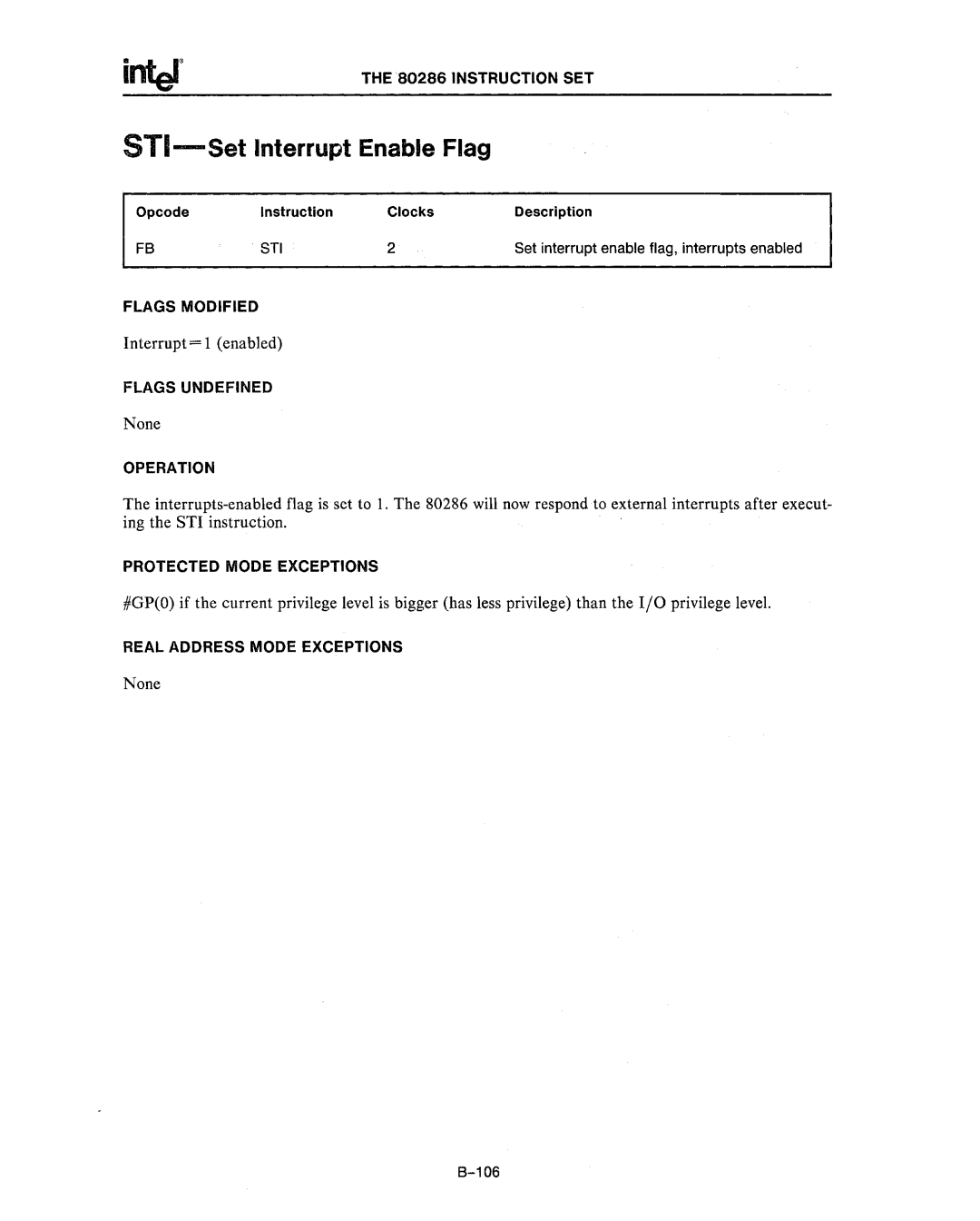 Intel 80287, 80286 manual STI-Set Interrupt Enable Flag, Sti 