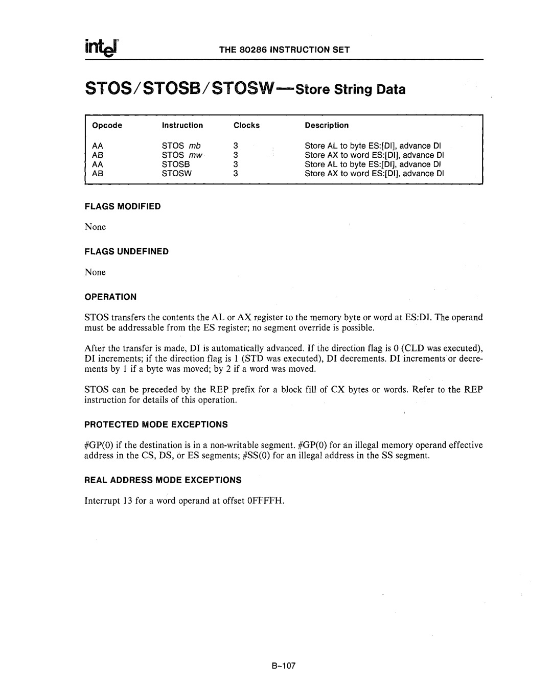 Intel 80286, 80287 manual Stoss, Stosw 