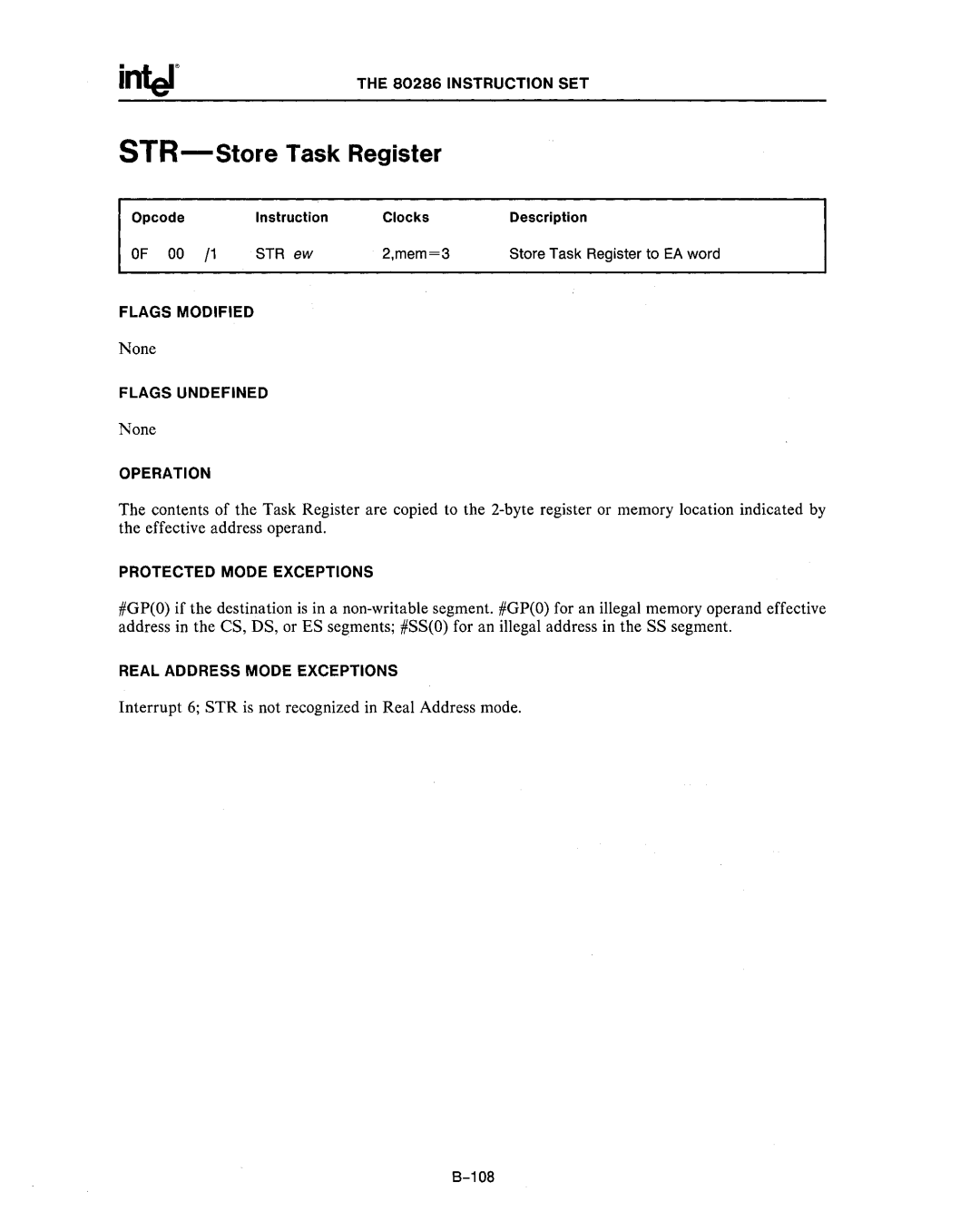 Intel 80287, 80286 manual STR-Store Task Register, 00 /1 STR ew Mem=3, 108 