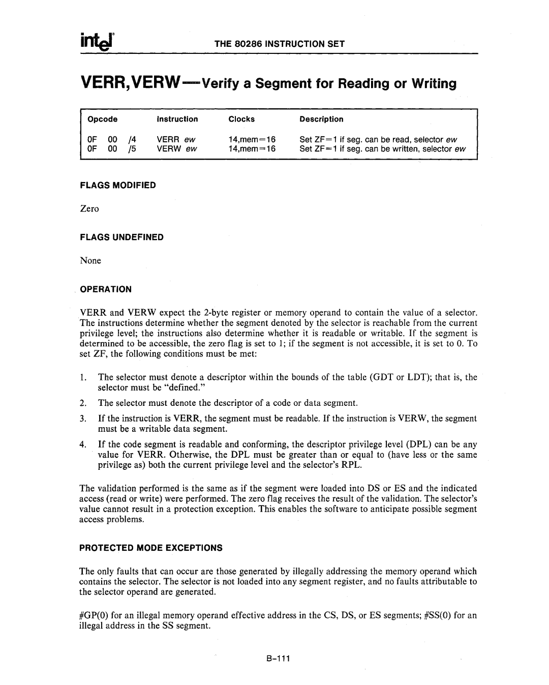 Intel 80286 VERR,VERW-Verifya Segment for Reading or Writing, 14,mem=16 Set ZF=1 if seg. can be read, selector ew, 111 