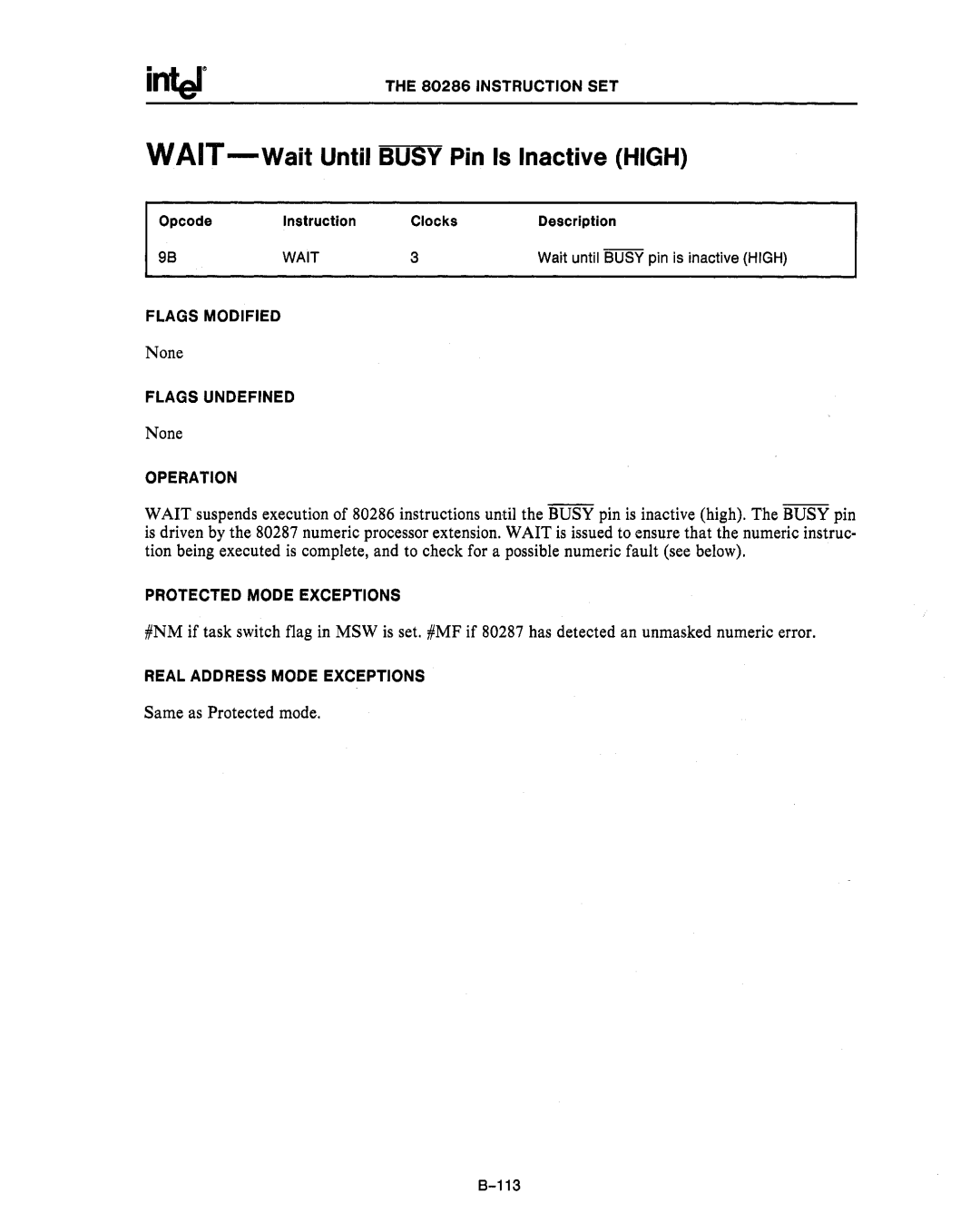 Intel 80286, 80287 manual WAIT-Wait Until Busy Pin Is Inactive High 