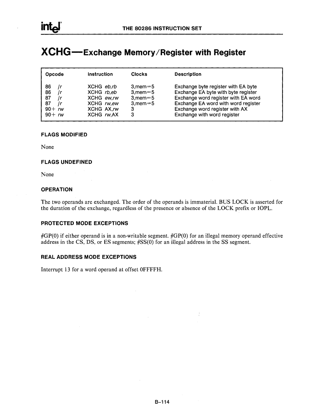 Intel 80287, 80286 manual XCHG- Exchange Memory/Register with Register, Xchg 