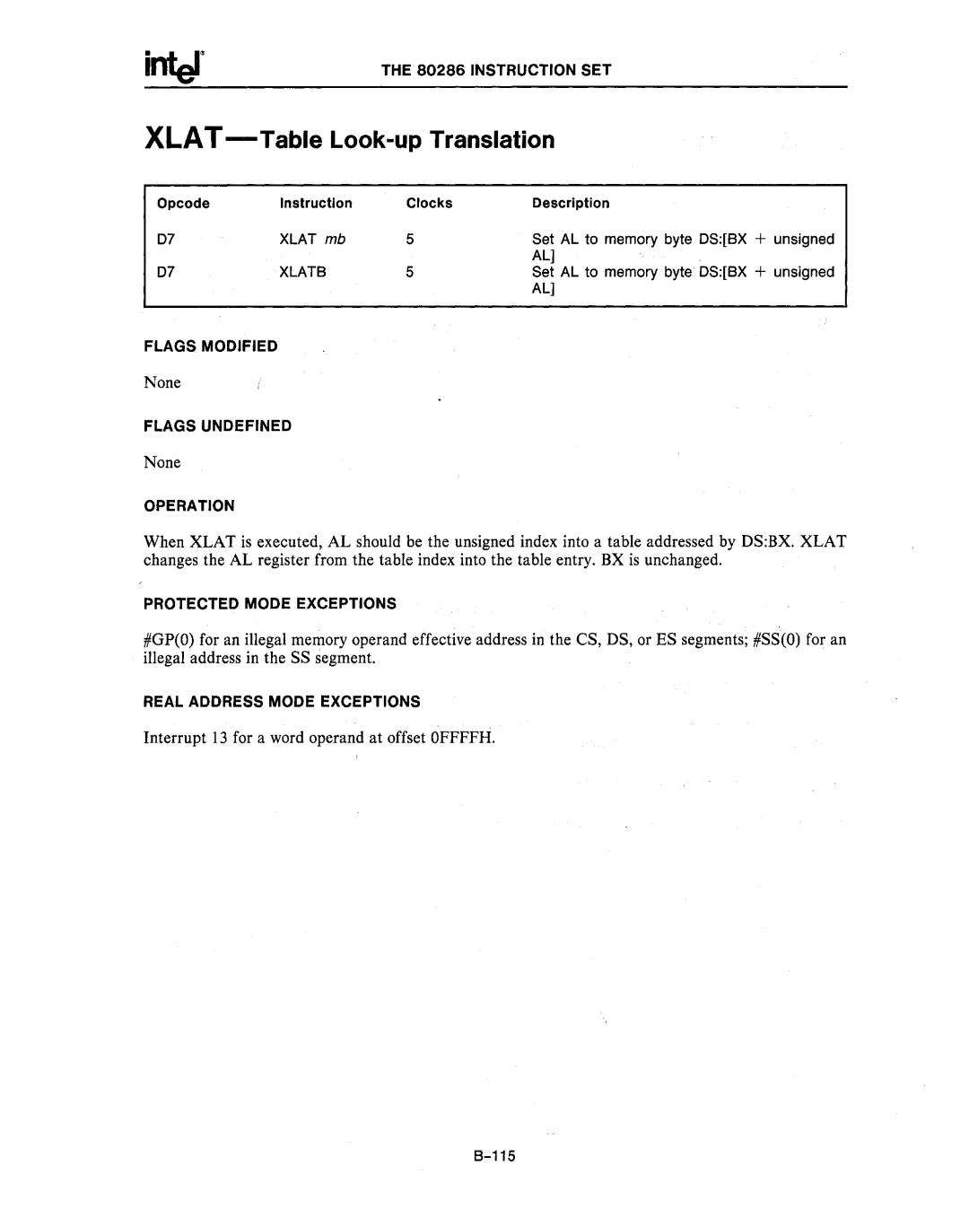 Intel 80286, 80287 manual Xlat -Table Look-up Translation, Xlat mb Set AL to memory byte Osbx + unsigned, Xlatb, 115 