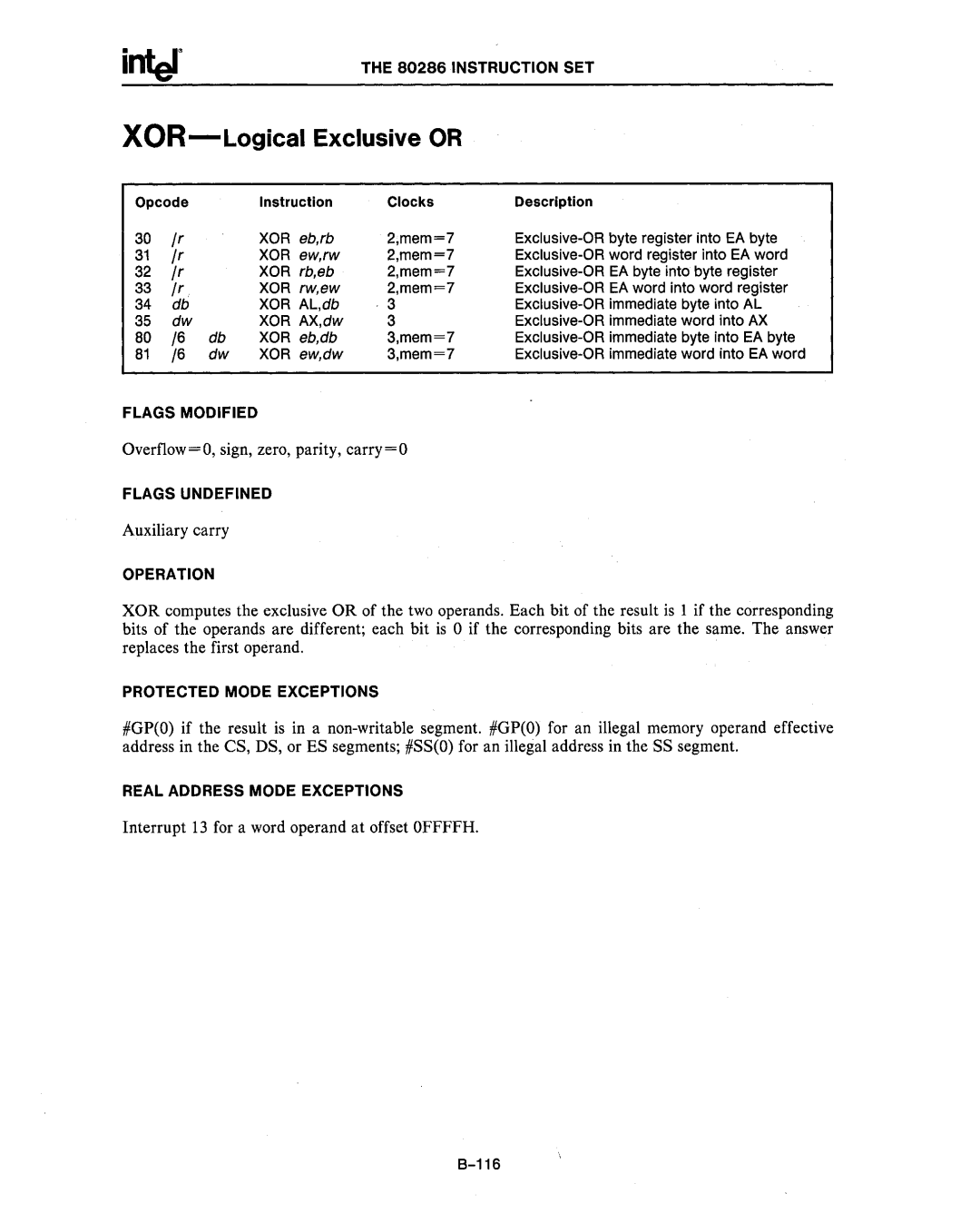 Intel 80287, 80286 manual XOR-Logical Exclusive or, Xor 