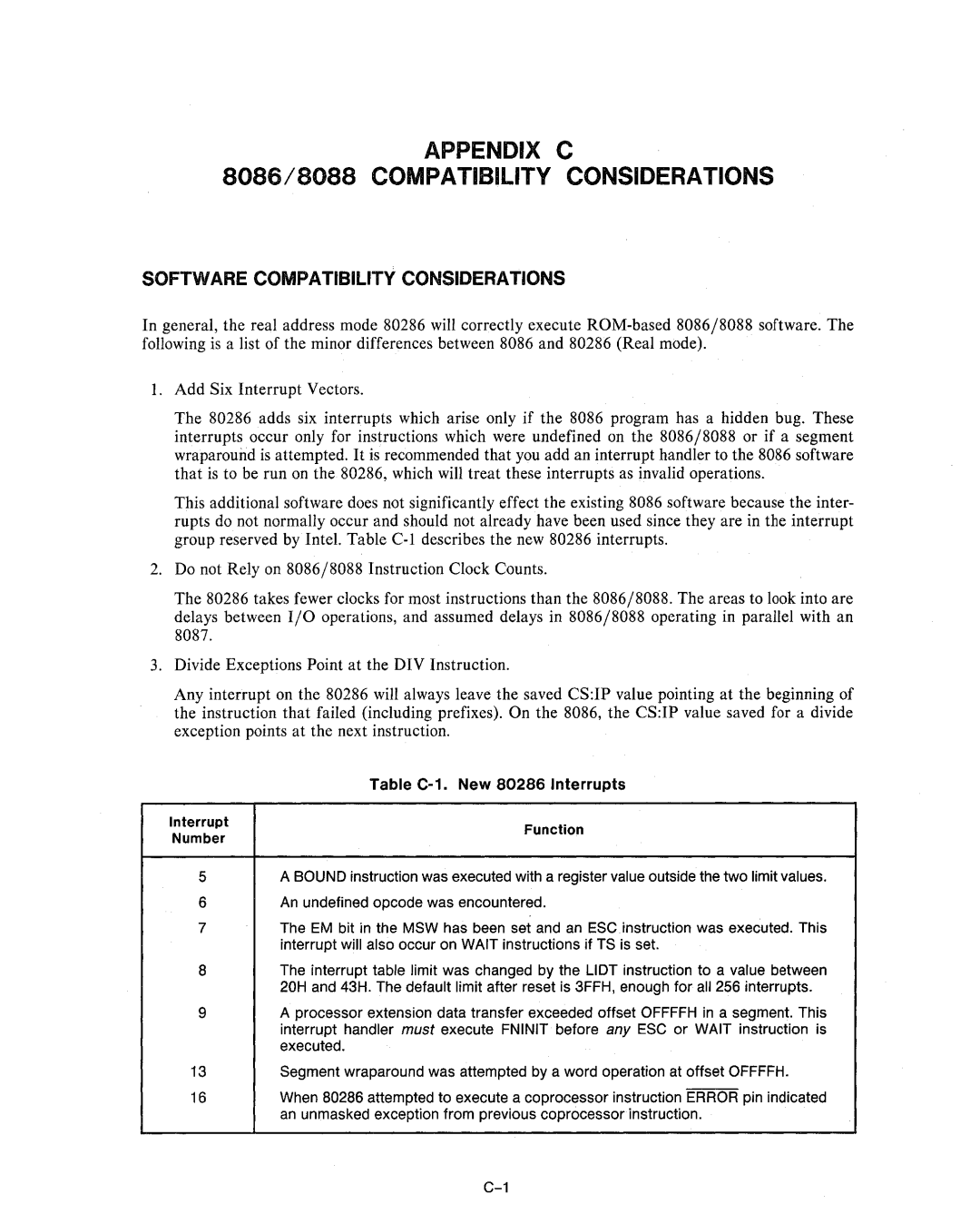 Intel 80287 manual Software Compatibility Considerations, Table C-1. New 80286 Interrupts 