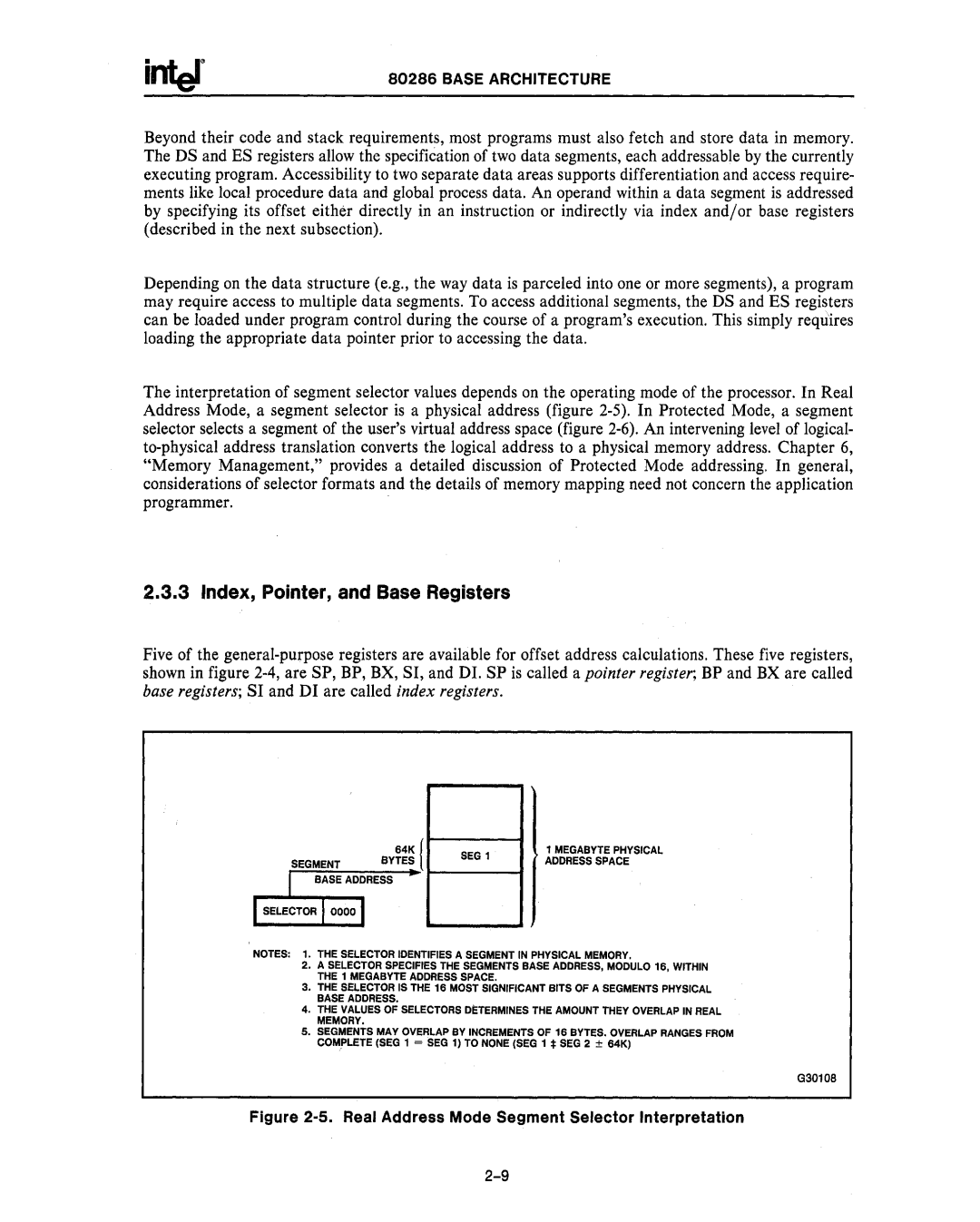 Intel 80286, 80287 manual Index, Pointer, and Base Registers, Real Address Mode Segment Selector Interpretation 