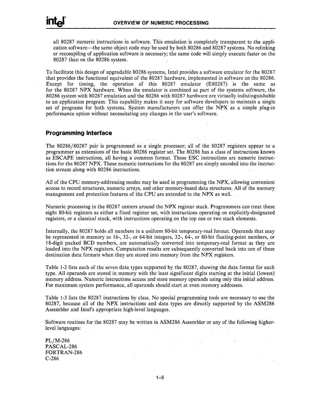 Intel 80286, 80287 manual Programming Interface, PASCAL-286 FORTRAN-286 
