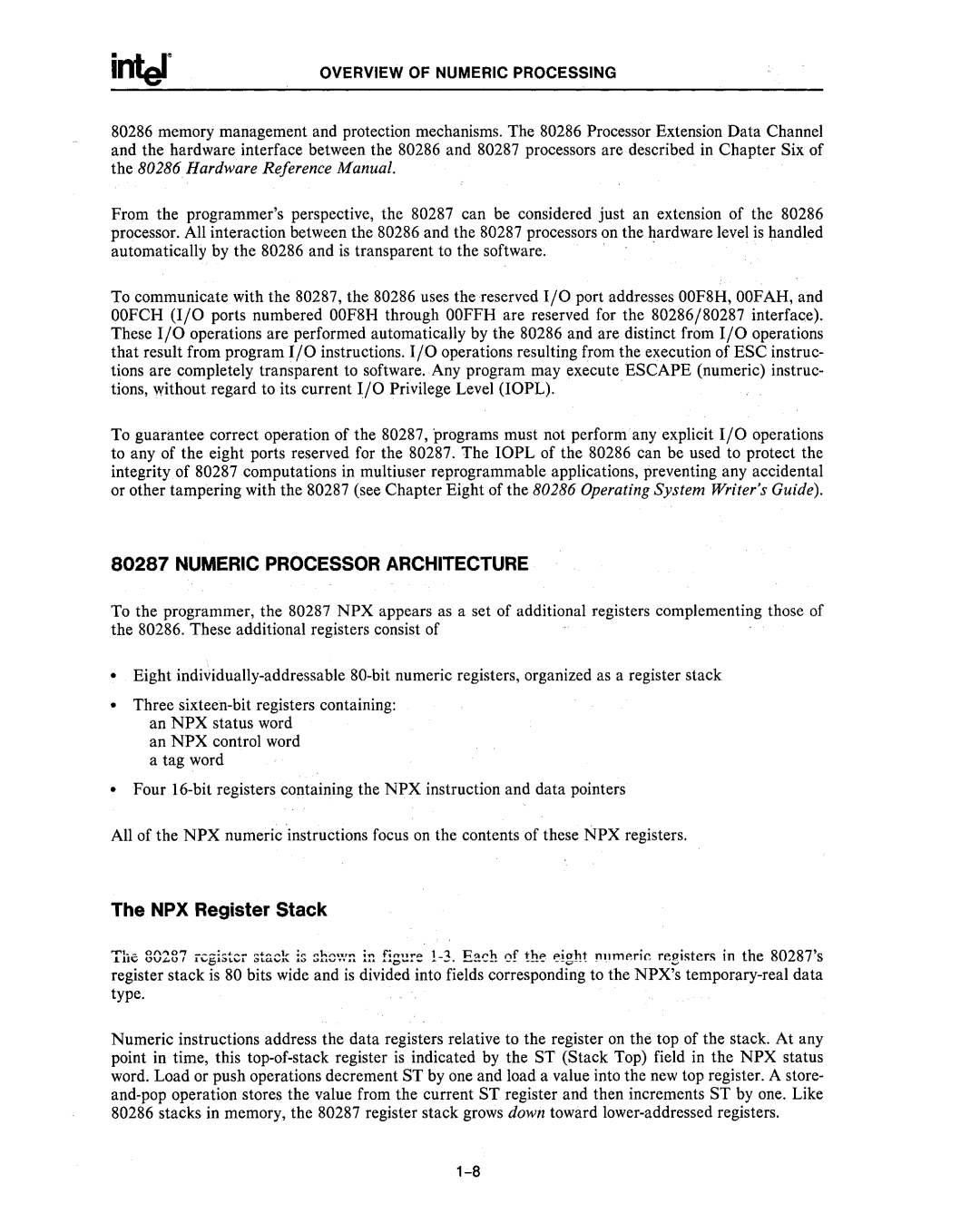 Intel 80287, 80286 manual Numeric Processor Architecture, NPX Register Stack 