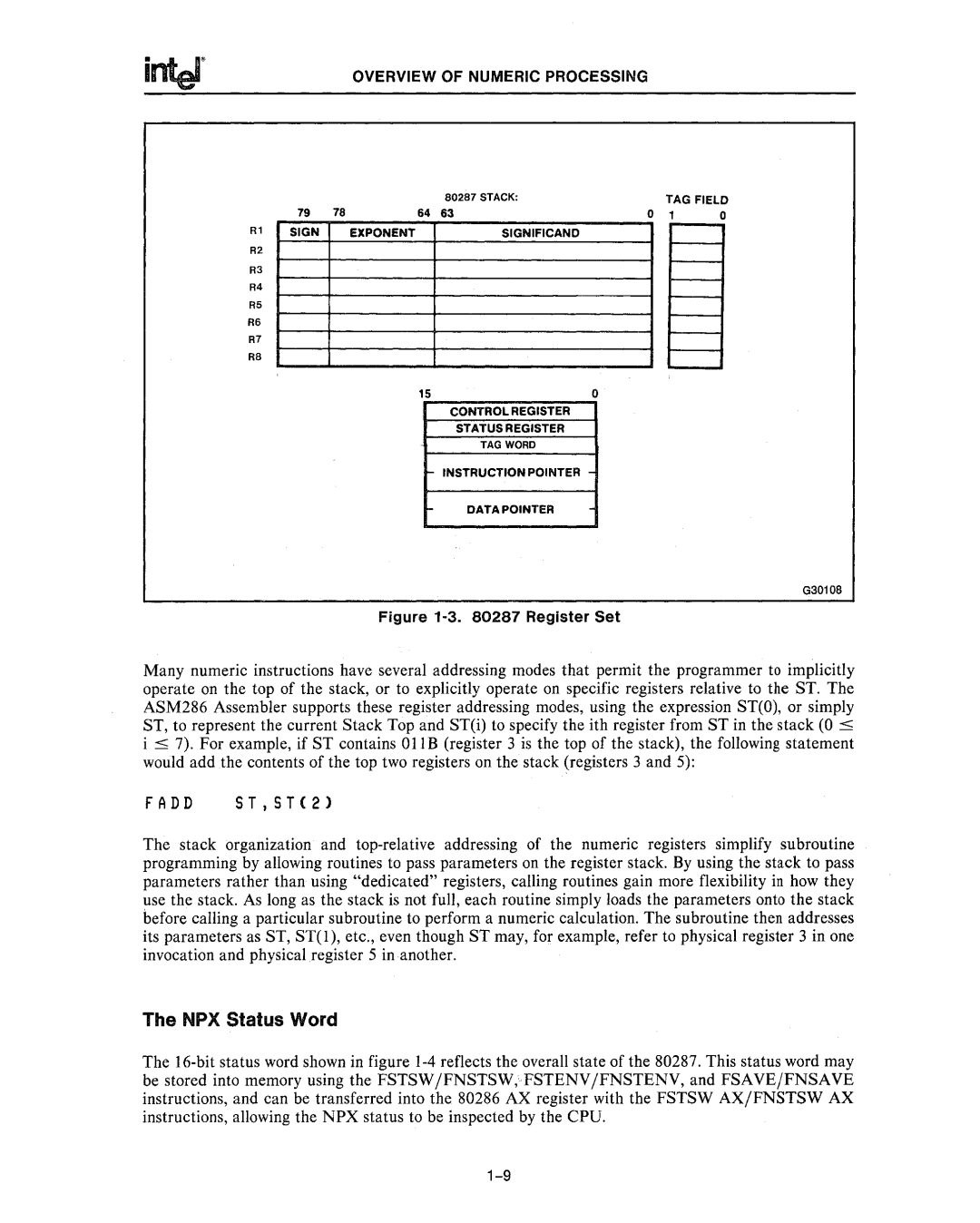 Intel 80286, 80287 manual NPX Status Word, Register Set 