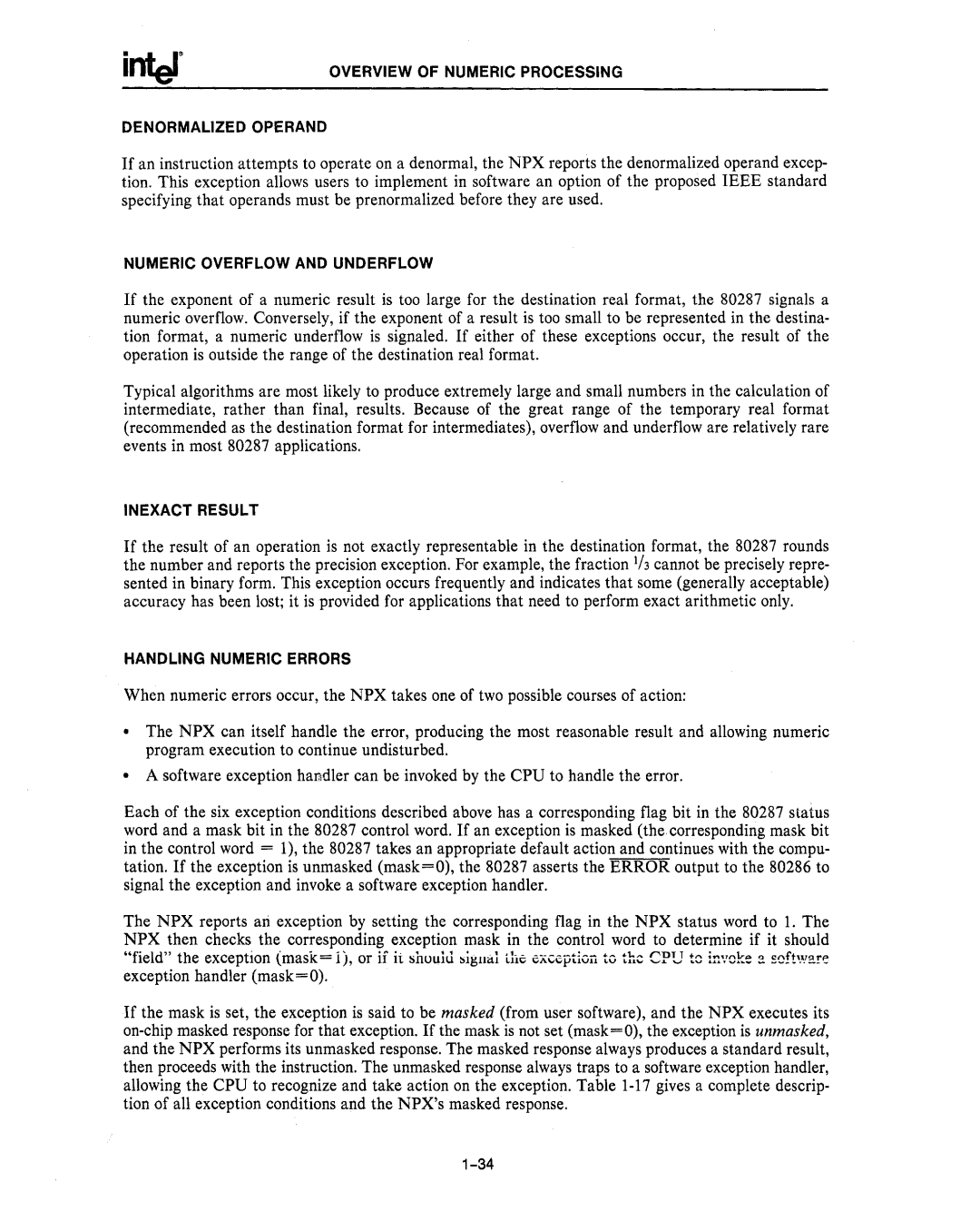 Intel 80287, 80286 manual Overview of Numeric Processing Denormalized Operand 