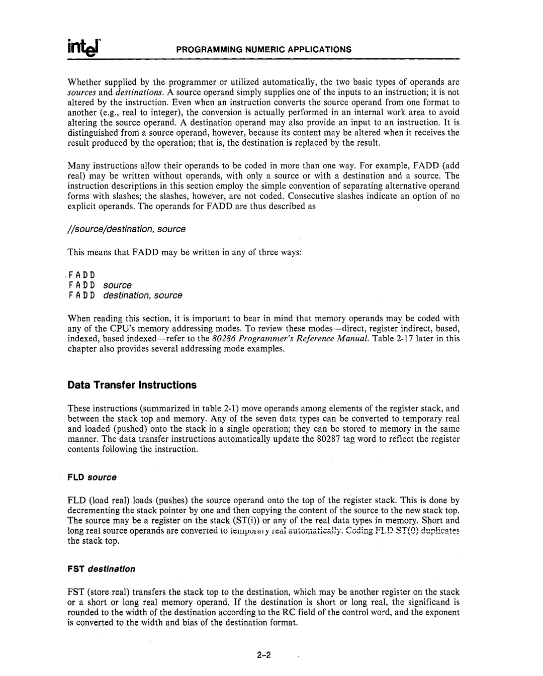 Intel 80287, 80286 manual FAD D destination, source, Data Transfer Instructions 