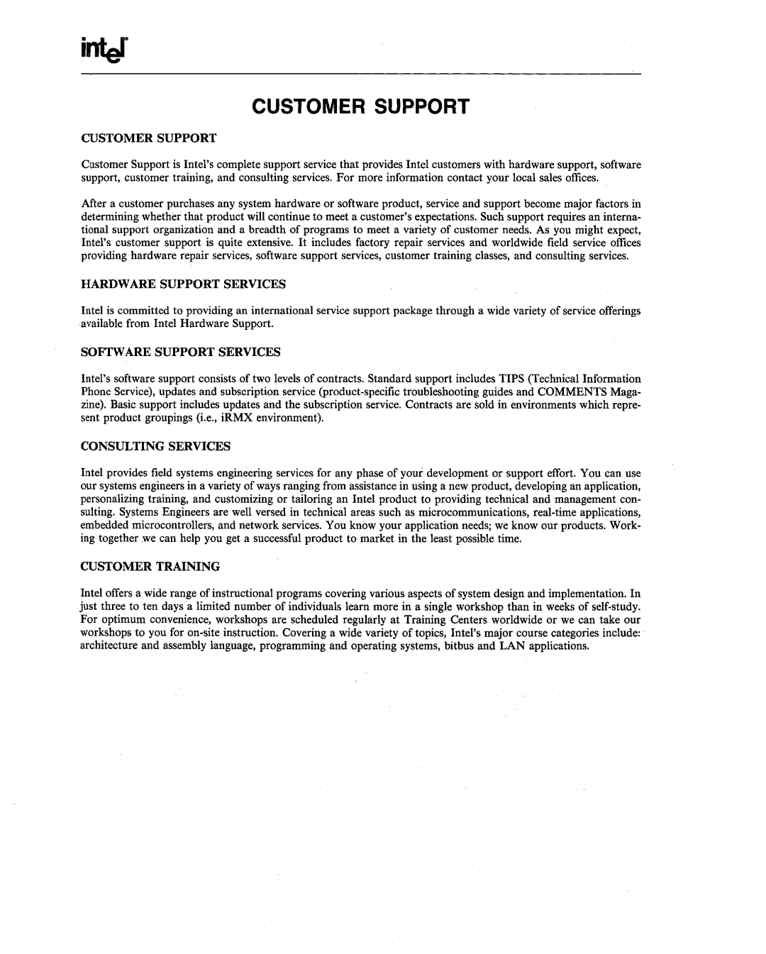 Intel 80287, 80286 manual Customer Support 