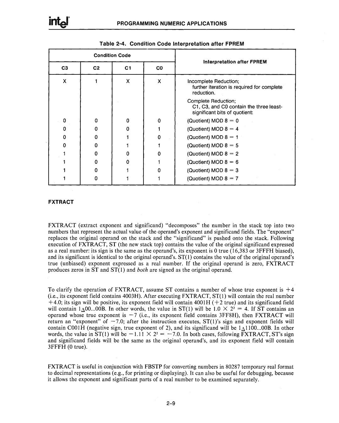 Intel 80286, 80287 manual Programming Numeric Applications, Condition Code Interpretation after Fprem 