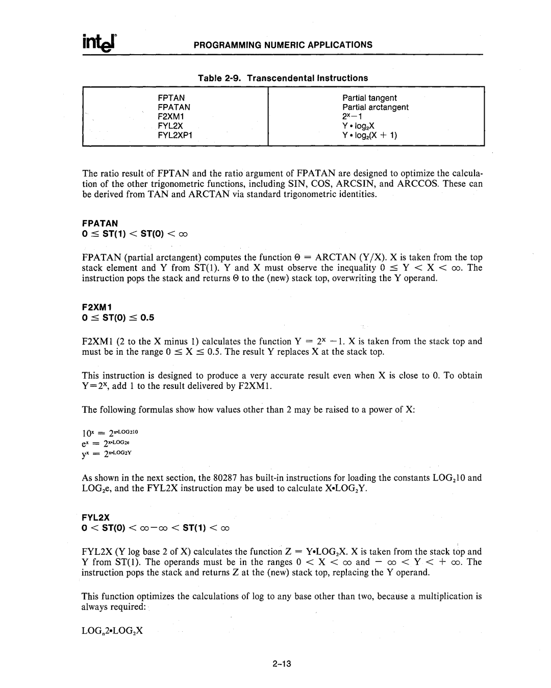 Intel 80286, 80287 manual Fpatan, F2XM1, FYL2XP1 