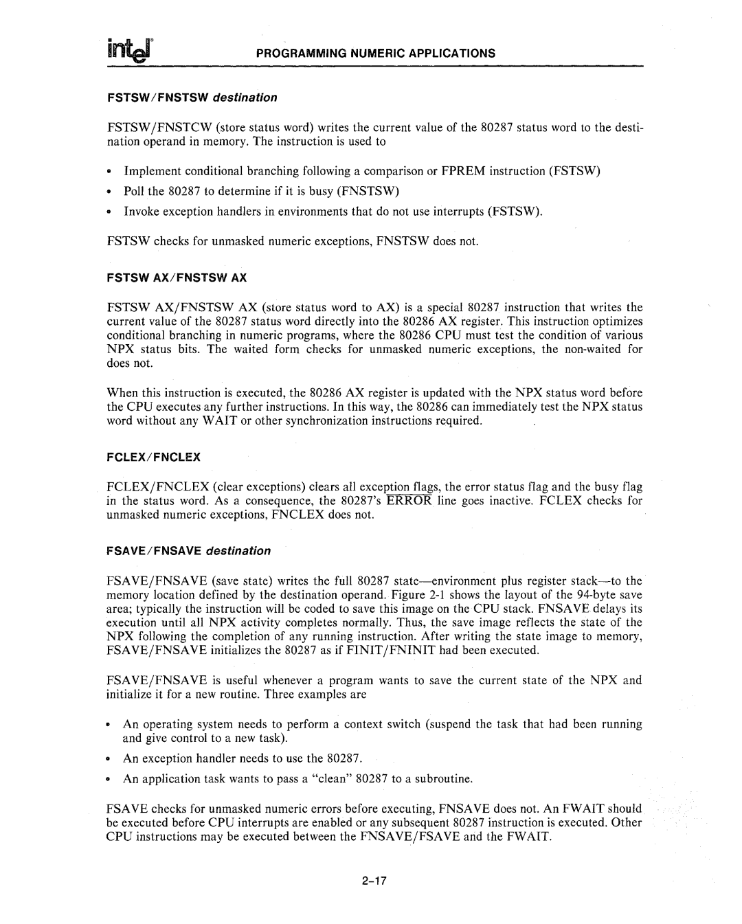 Intel 80286, 80287 manual Fstsw AX/FNSTSW AX 