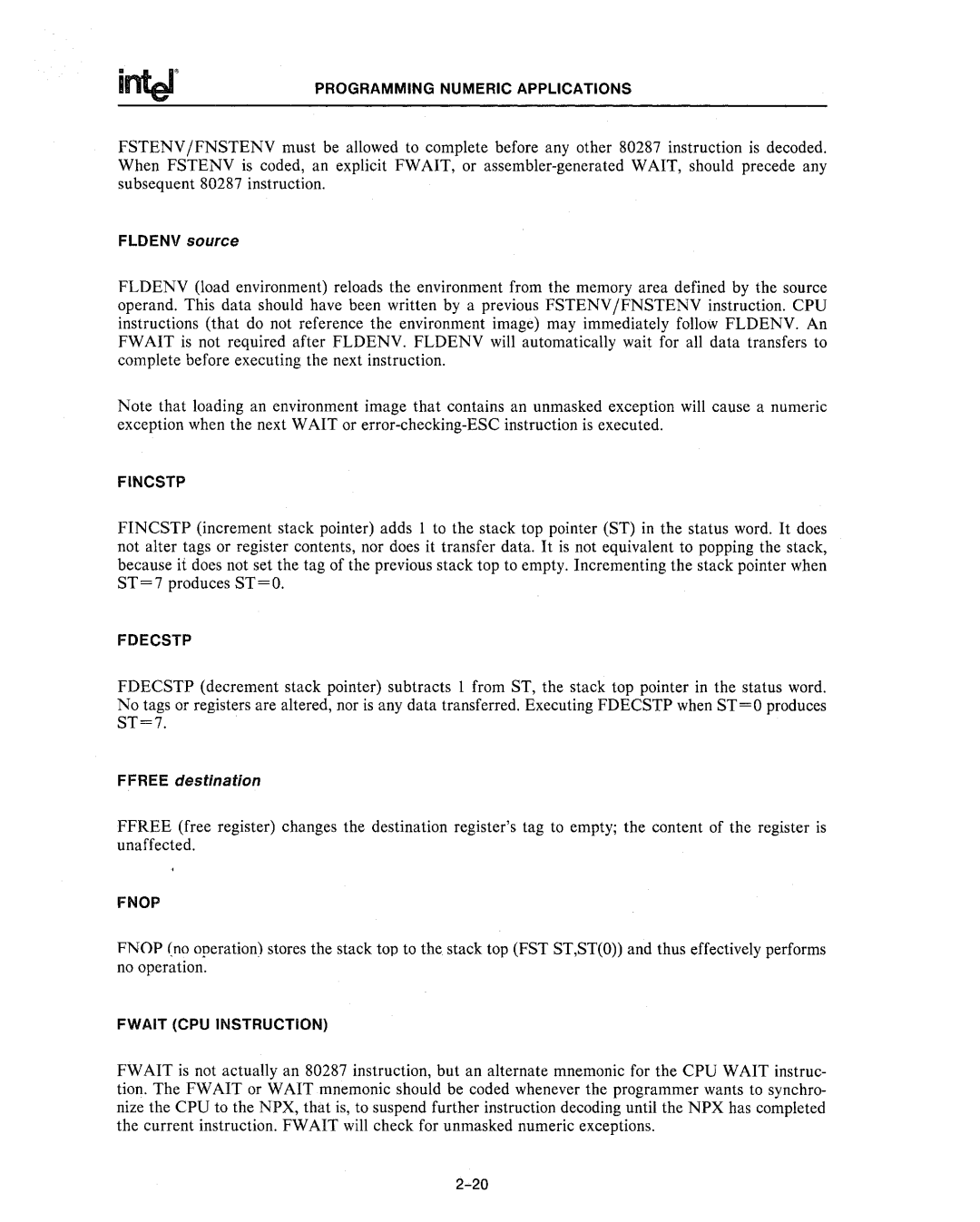 Intel 80287, 80286 manual Ffree destination 