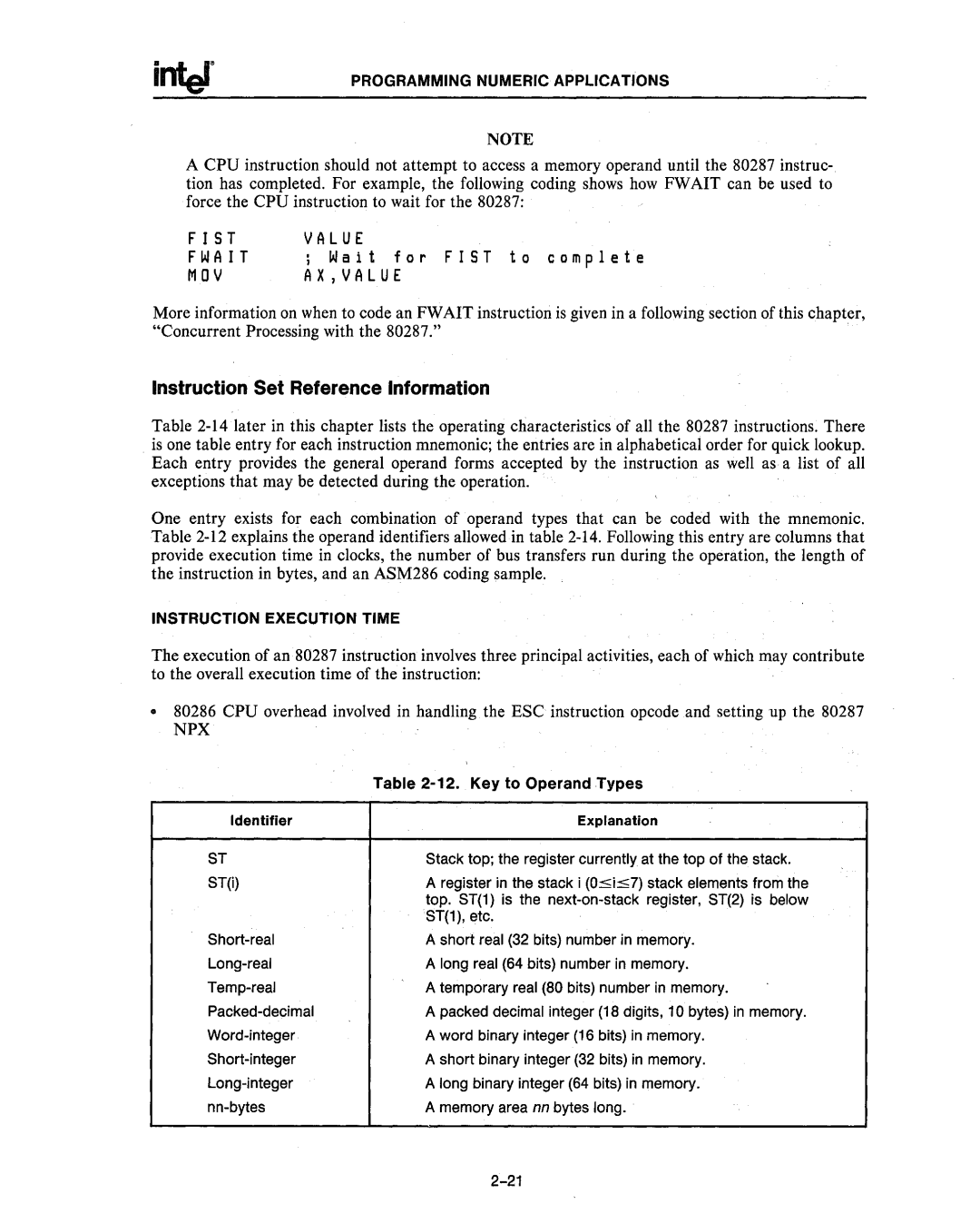 Intel 80286, 80287 manual Key to Operand Types, Programming Numeric Applications, Instruction Execution Time 