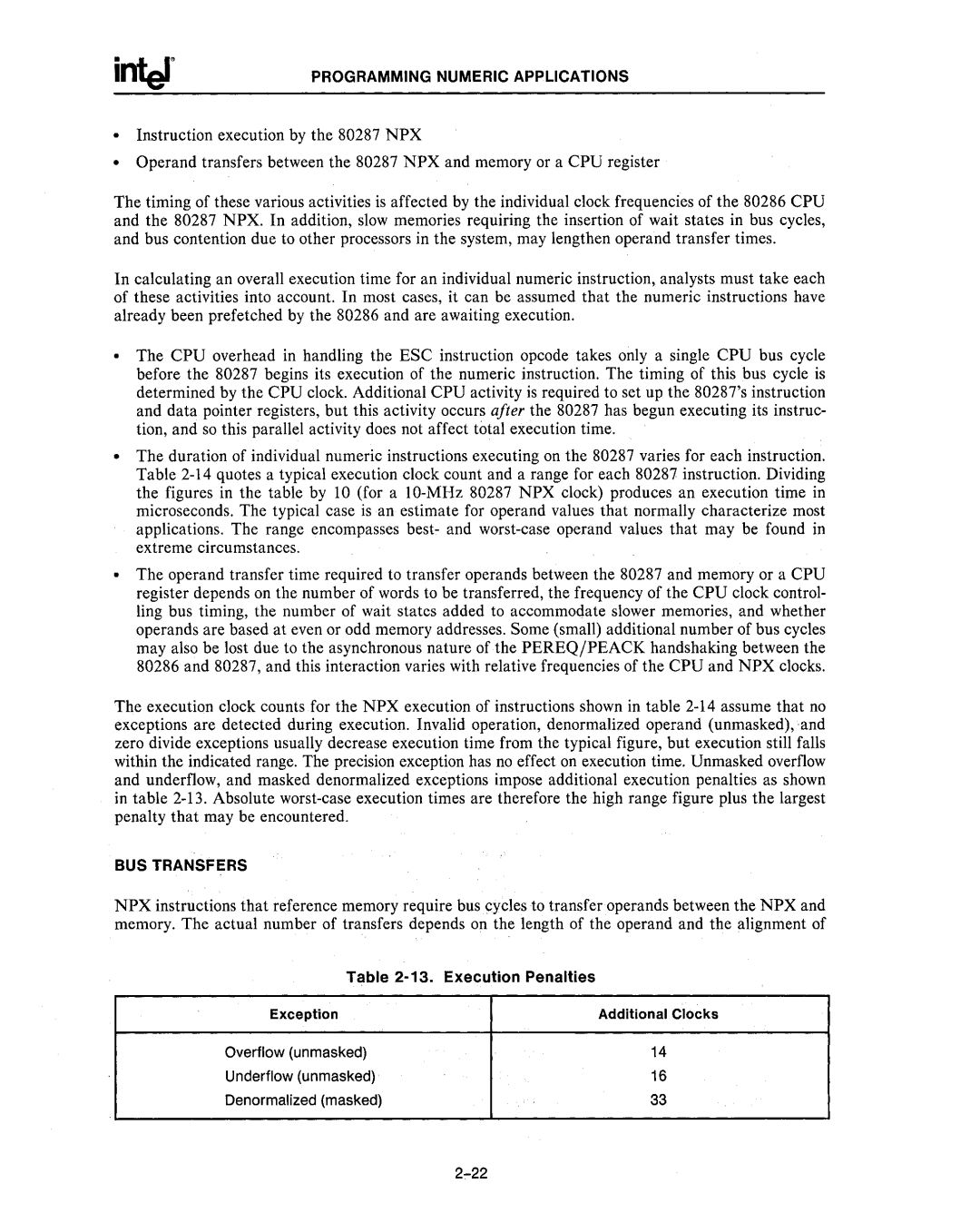 Intel 80287, 80286 manual Execution Penalties 