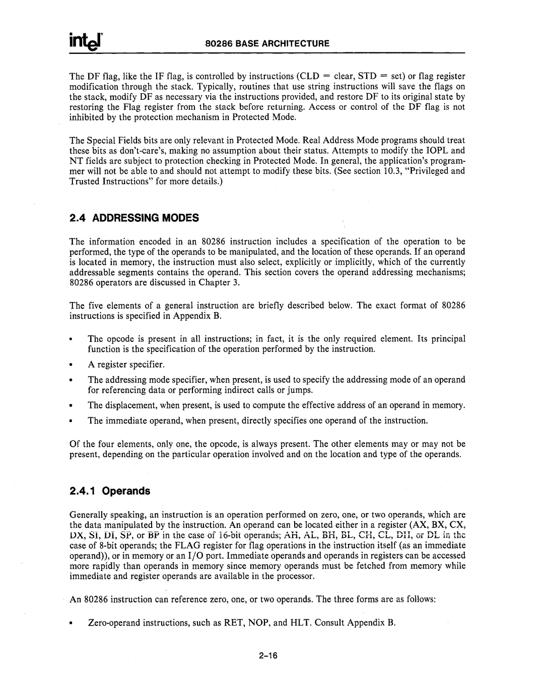 Intel 80287, 80286 manual Addressing Modes, Operands 