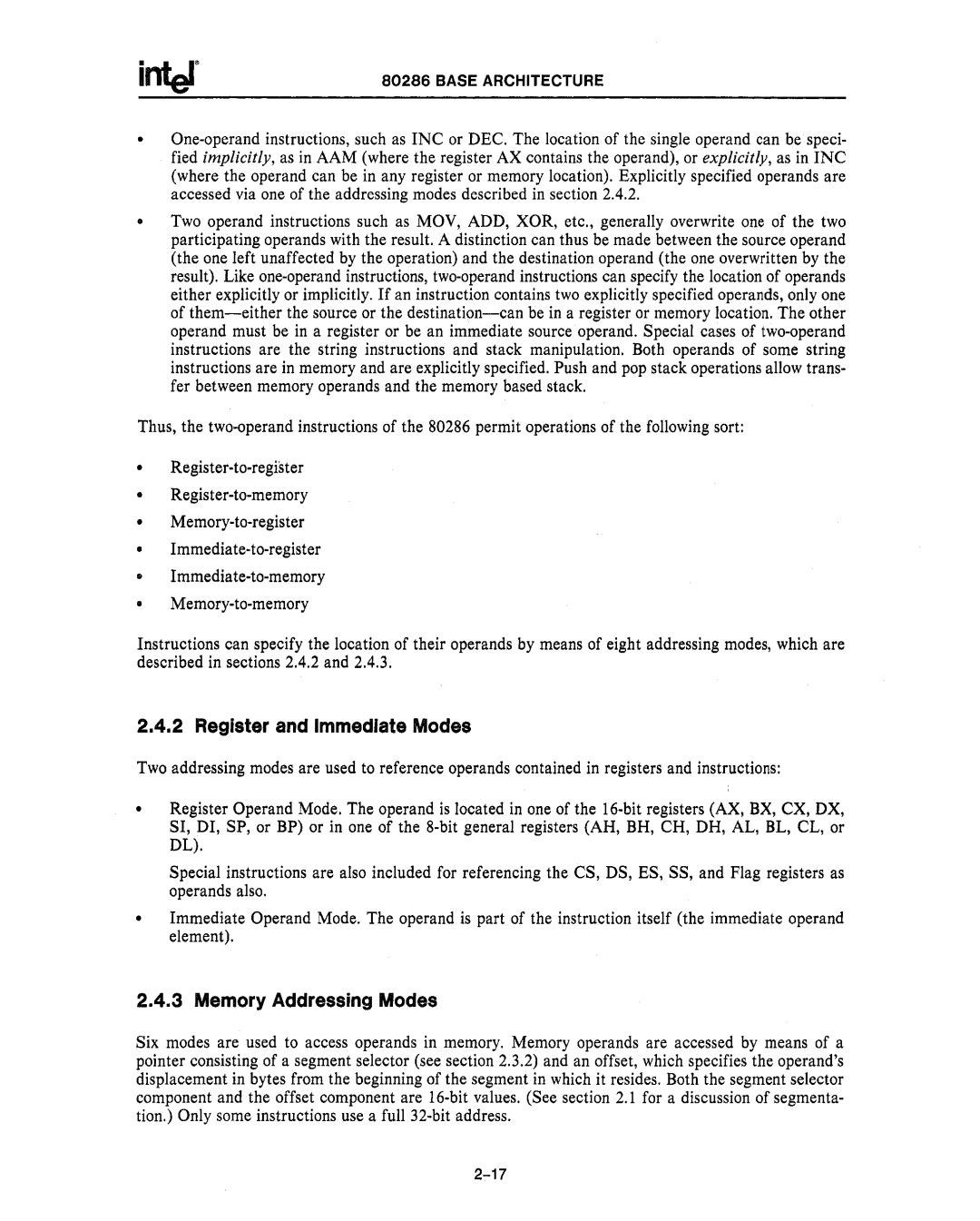 Intel 80286, 80287 manual Register and Immediate Modes, Memory Addressing Modes 