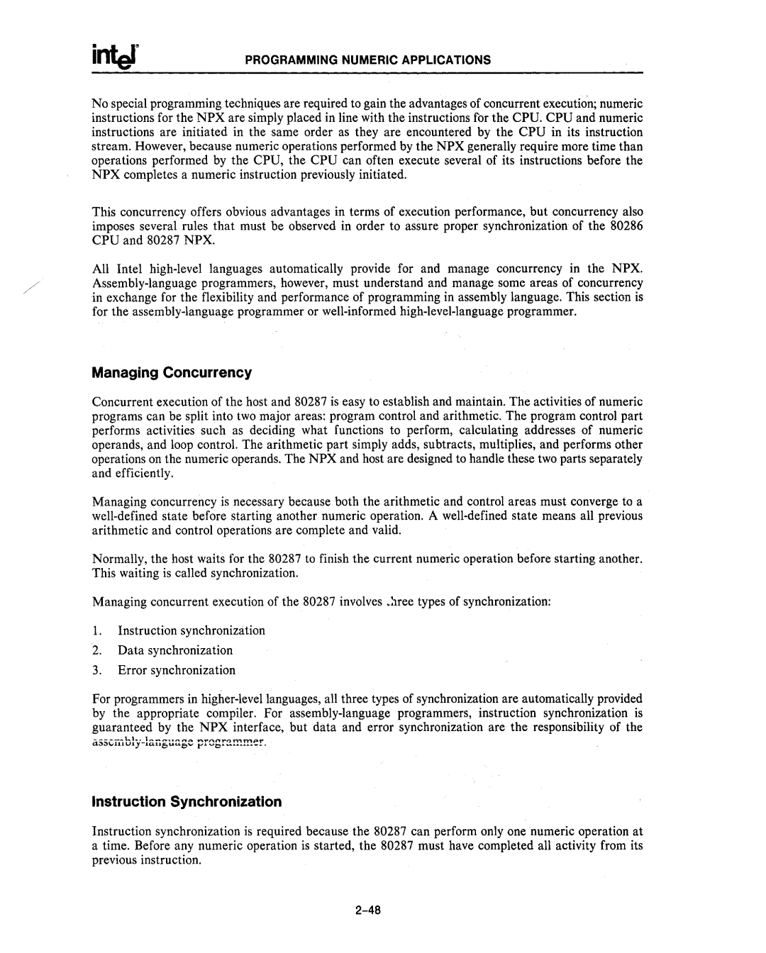 Intel 80287, 80286 manual Managing Concurrency, Instruction Synchronization 