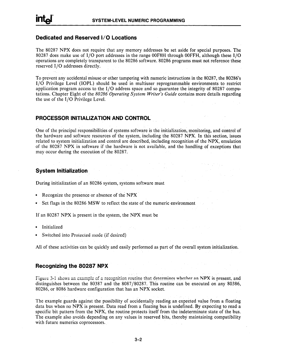 Intel 80287, 80286 manual Dedicated and Reserved 1/0 Locations, Processor Initialization and Control, System Initialization 