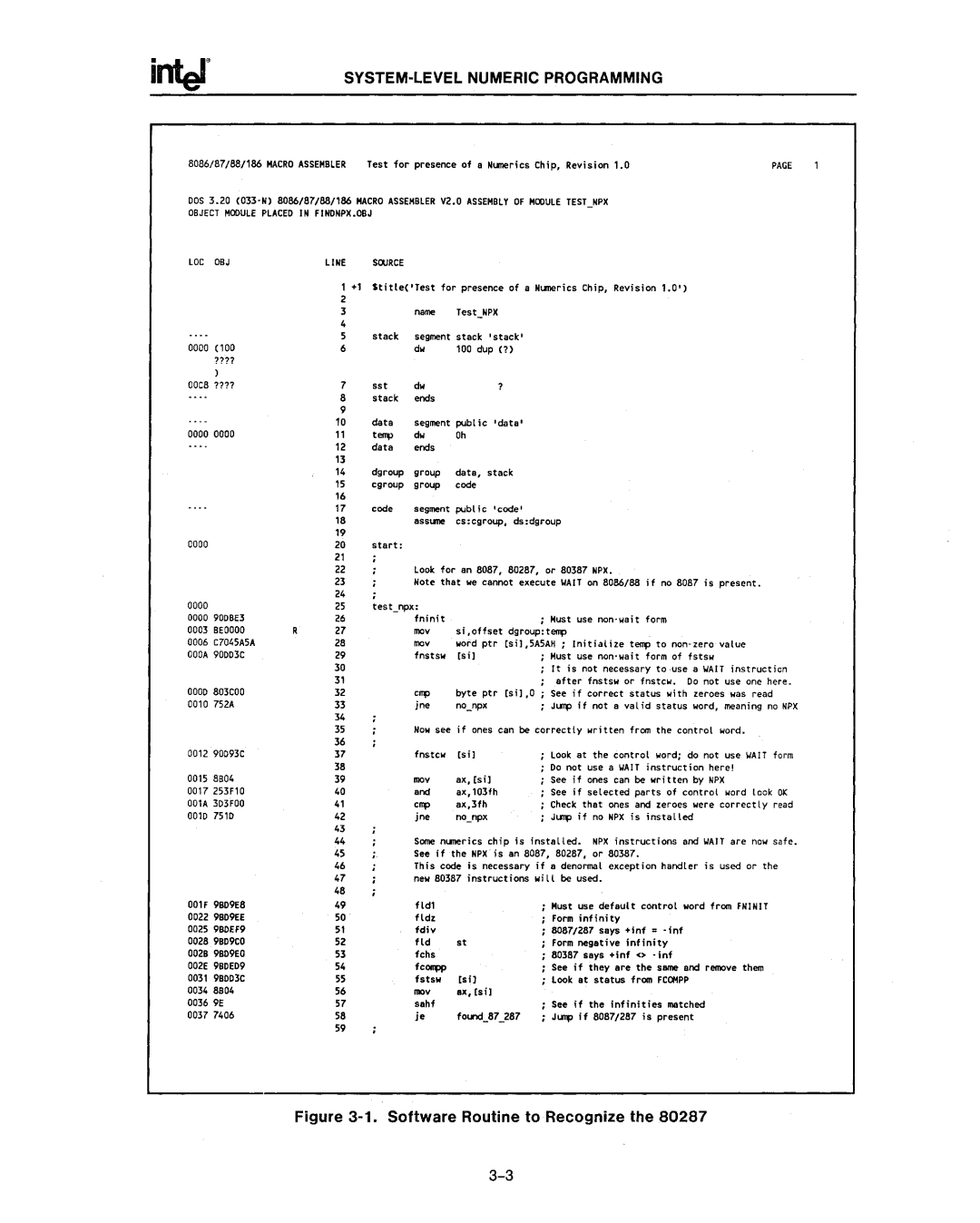 Intel 80286, 80287 manual SYSTEM-LEVEL Numeric Programming, Software Routine to Recognize 