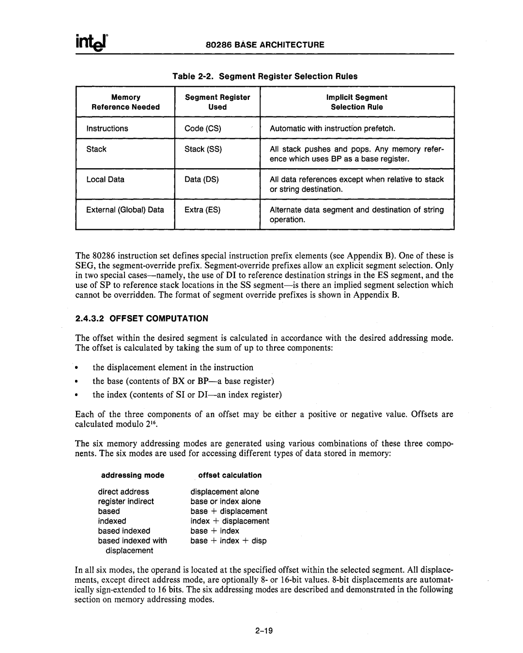 Intel 80286, 80287 manual EASE Architecture Segment Register Selection Rules, Offset Computation 