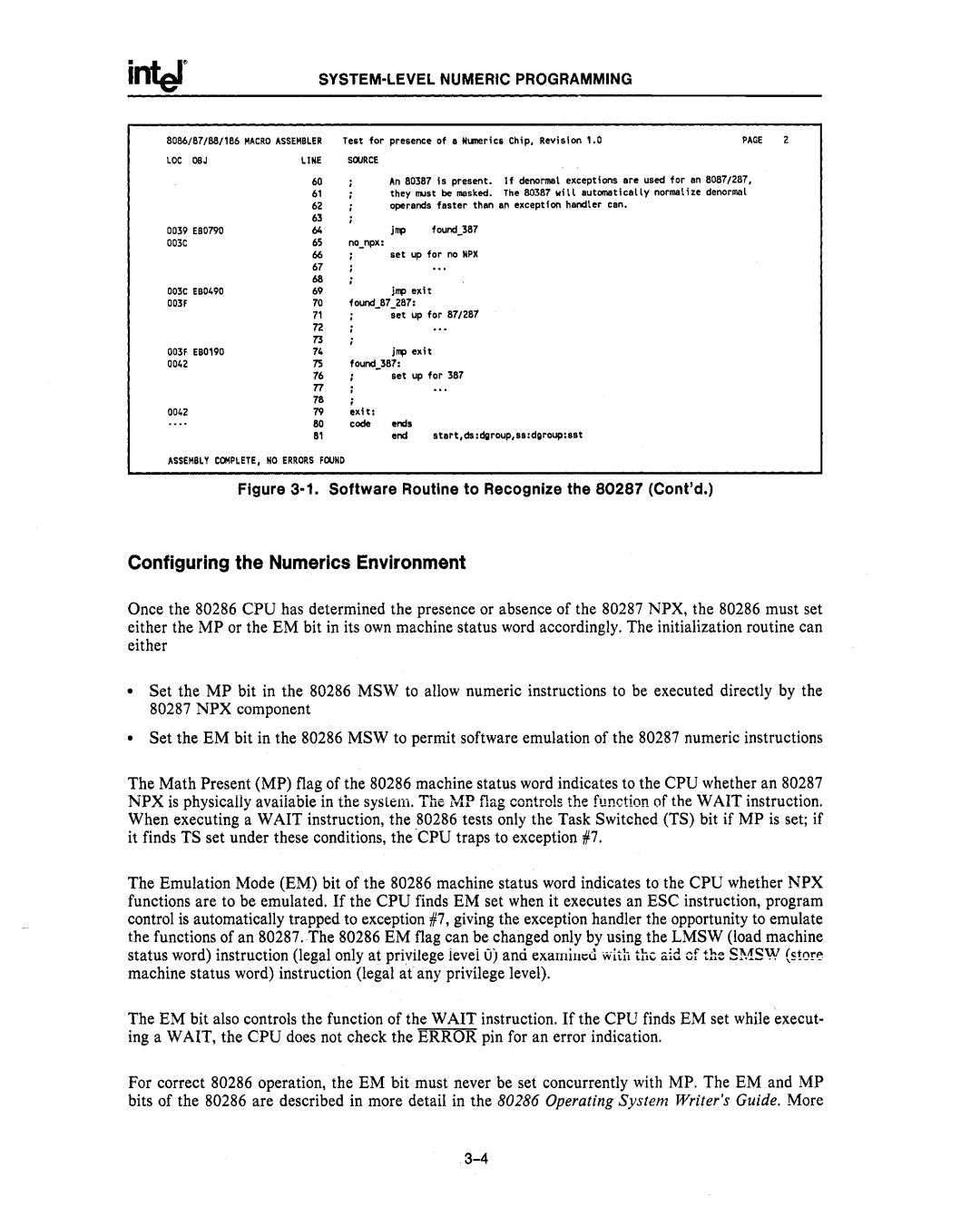 Intel 80287, 80286 manual Configuring the Numerics Environment 