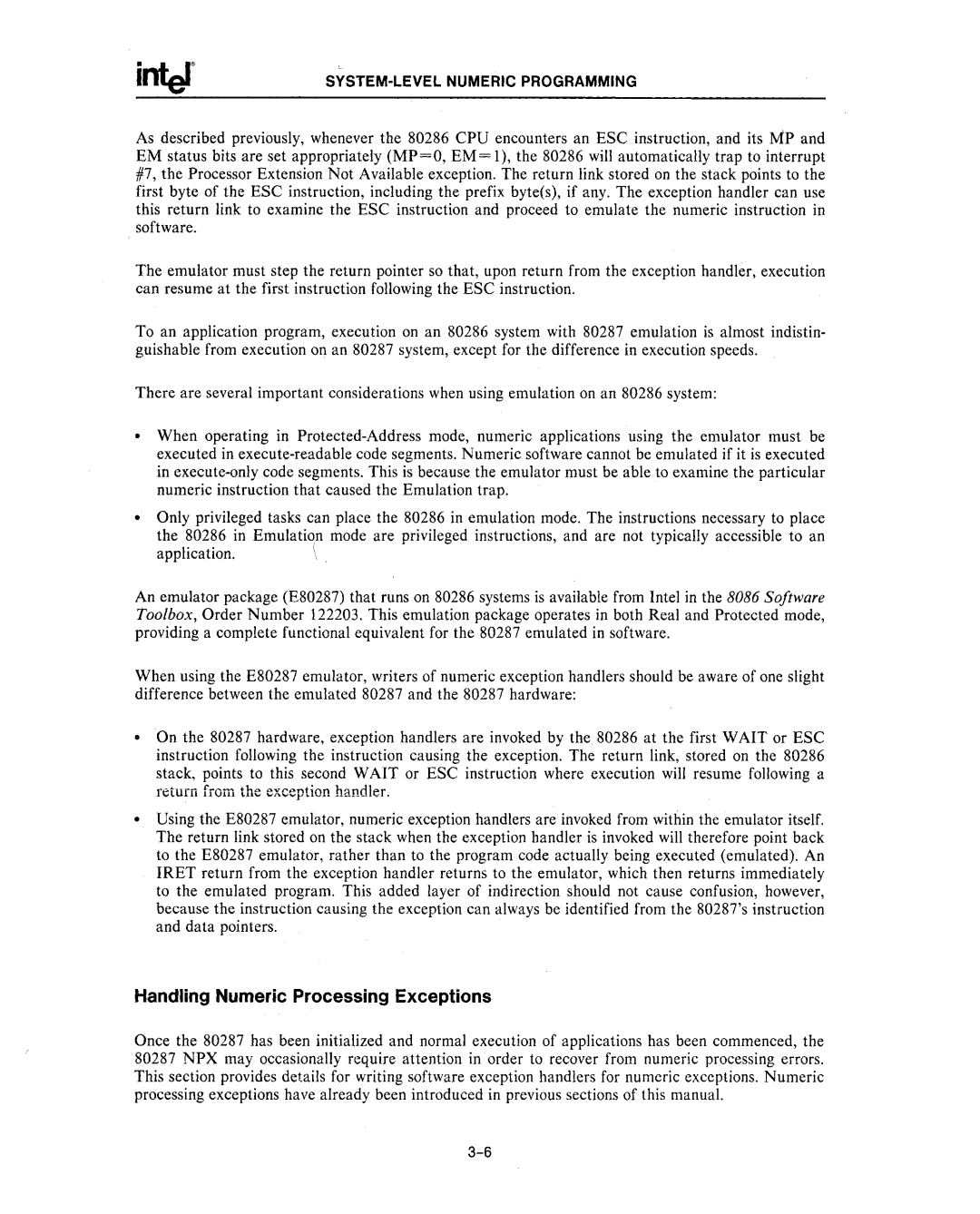 Intel 80287, 80286 manual Inter, Handling Numeric Processing Exceptions 