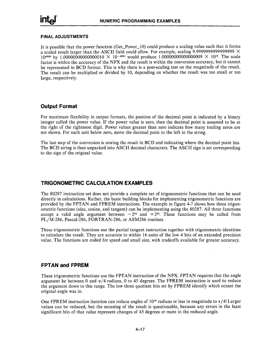 Intel 80286, 80287 manual Output Format, Trigonometric Calculation Examples 