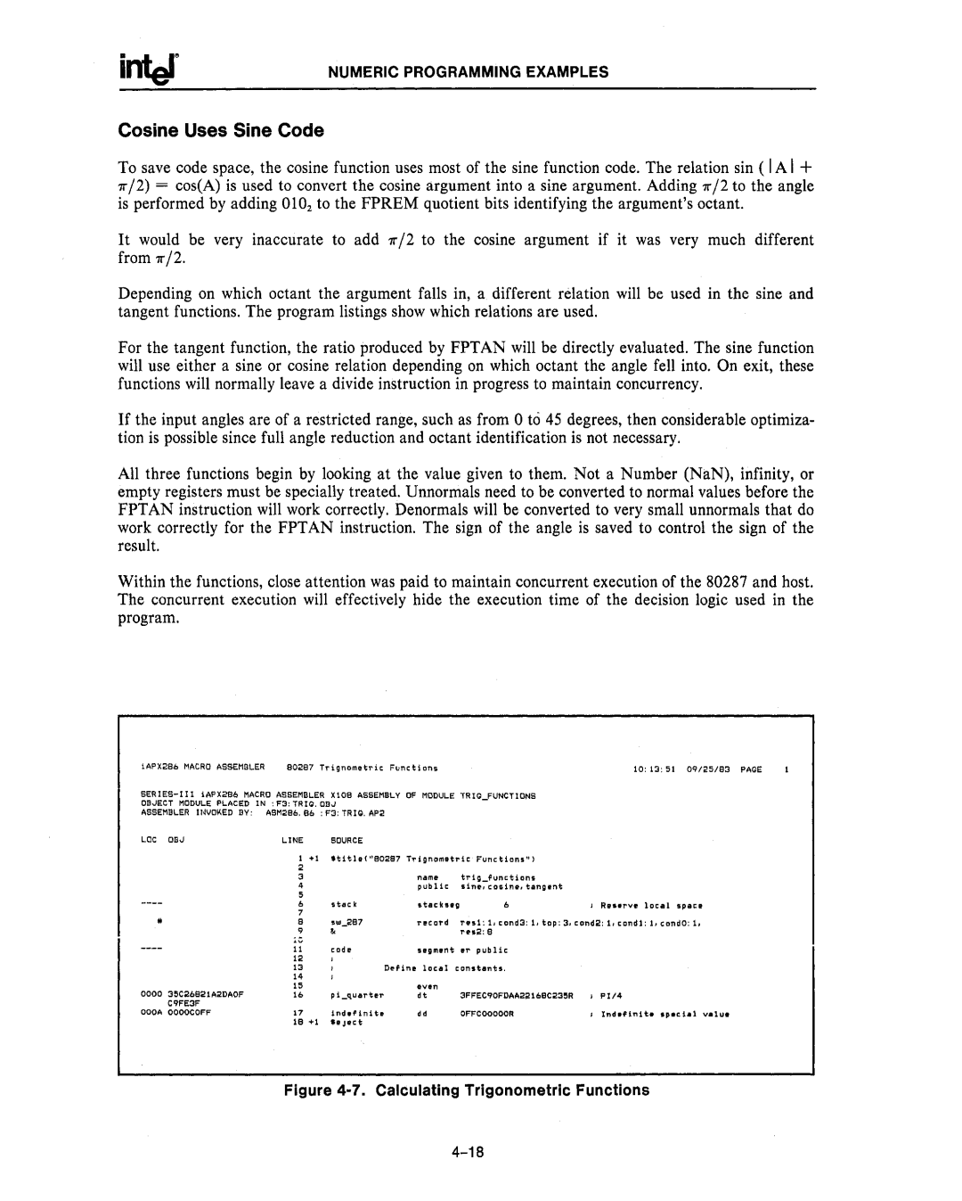 Intel 80287, 80286 manual Calculating Trigonometric Functions, Numeric Programming Examples 