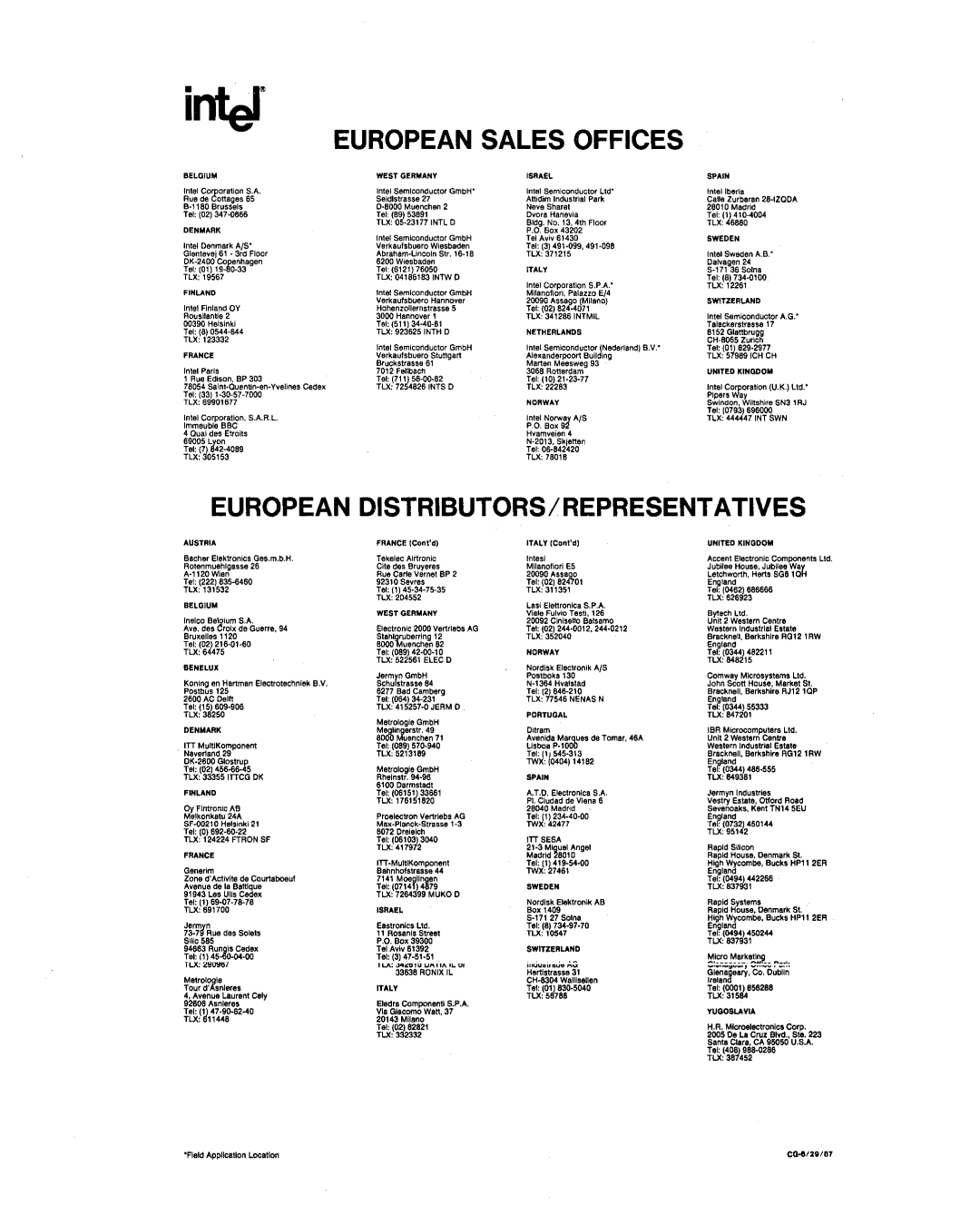 Intel 80287, 80286 manual European Sales Offices 