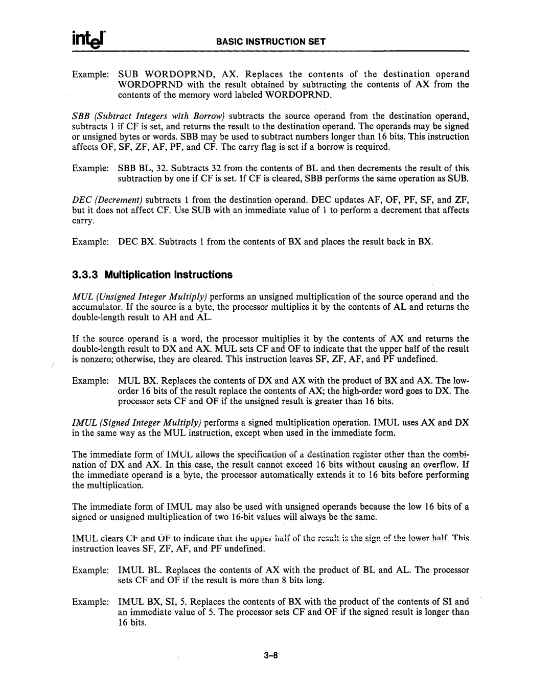 Intel 80287, 80286 manual Multiplication Instructions 