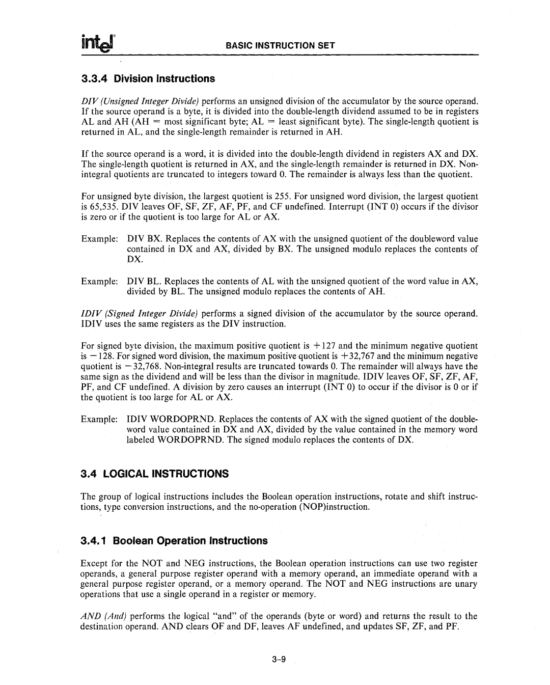 Intel 80286, 80287 manual Division Instructions, Logical Instructions, Boolean Operation Instructions 