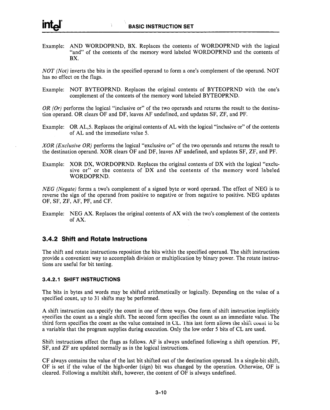 Intel 80287, 80286 manual Shift and Rotate Instructions, Wordoprnd 